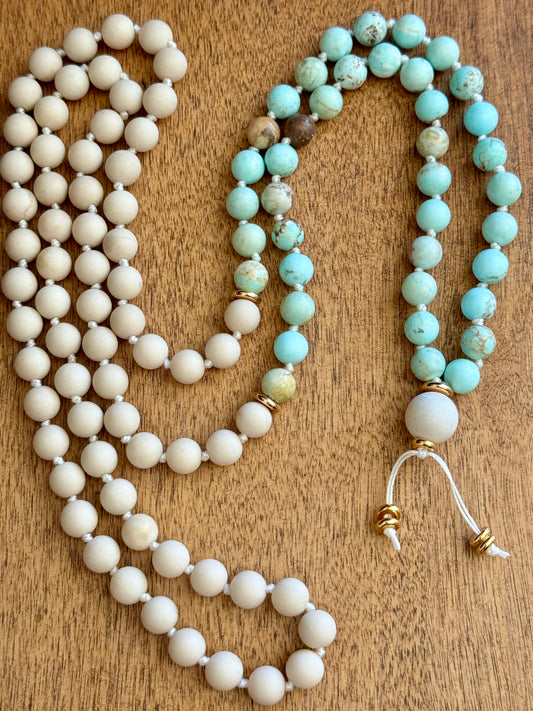Turquoise and Riverstone Gemstone Mala Necklace with 18 kt gold filled