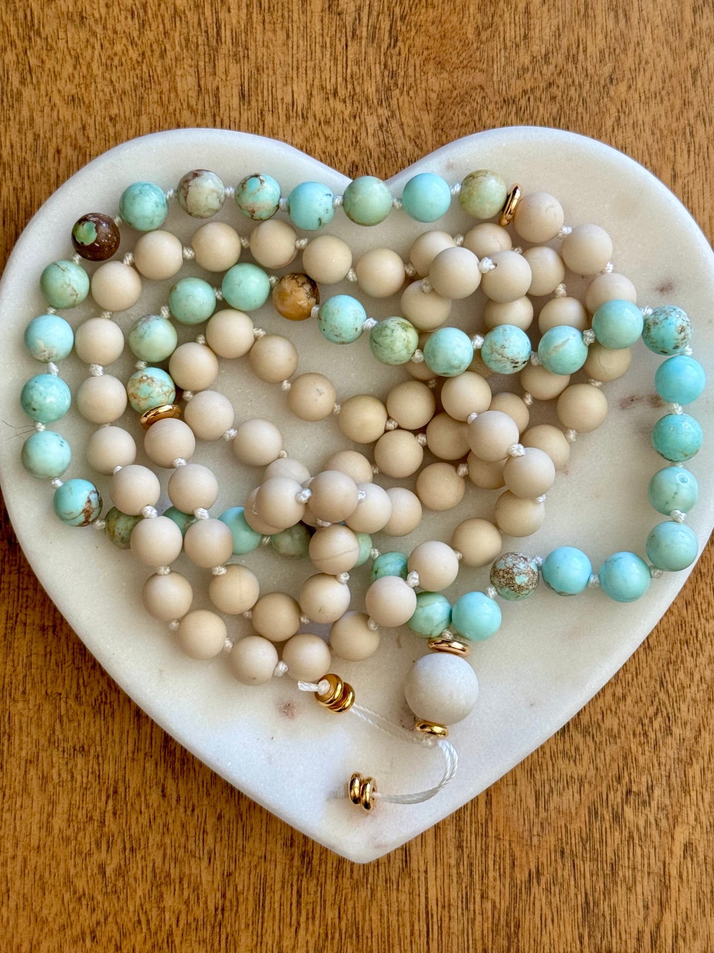 Turquoise and Riverstone Gemstone Mala Necklace for Peace