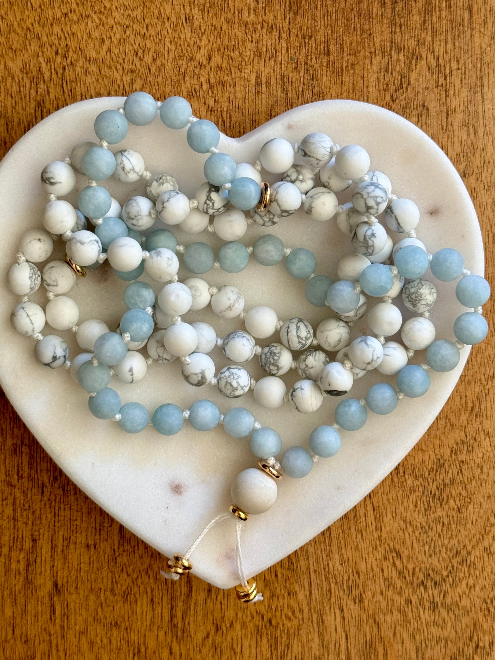 Aquamarine and Howlite Gemstone Mala Necklace calm energy