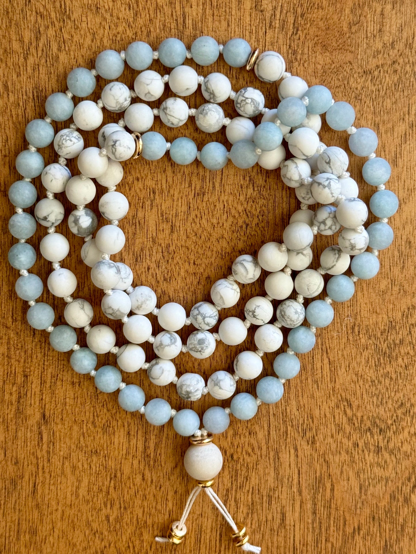 Aquamarine and Howlite Gemstone Mala Necklace with 18 kt gold filled