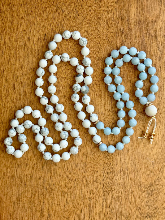 Aquamarine and Howlite Gemstone Mala Necklace for calming