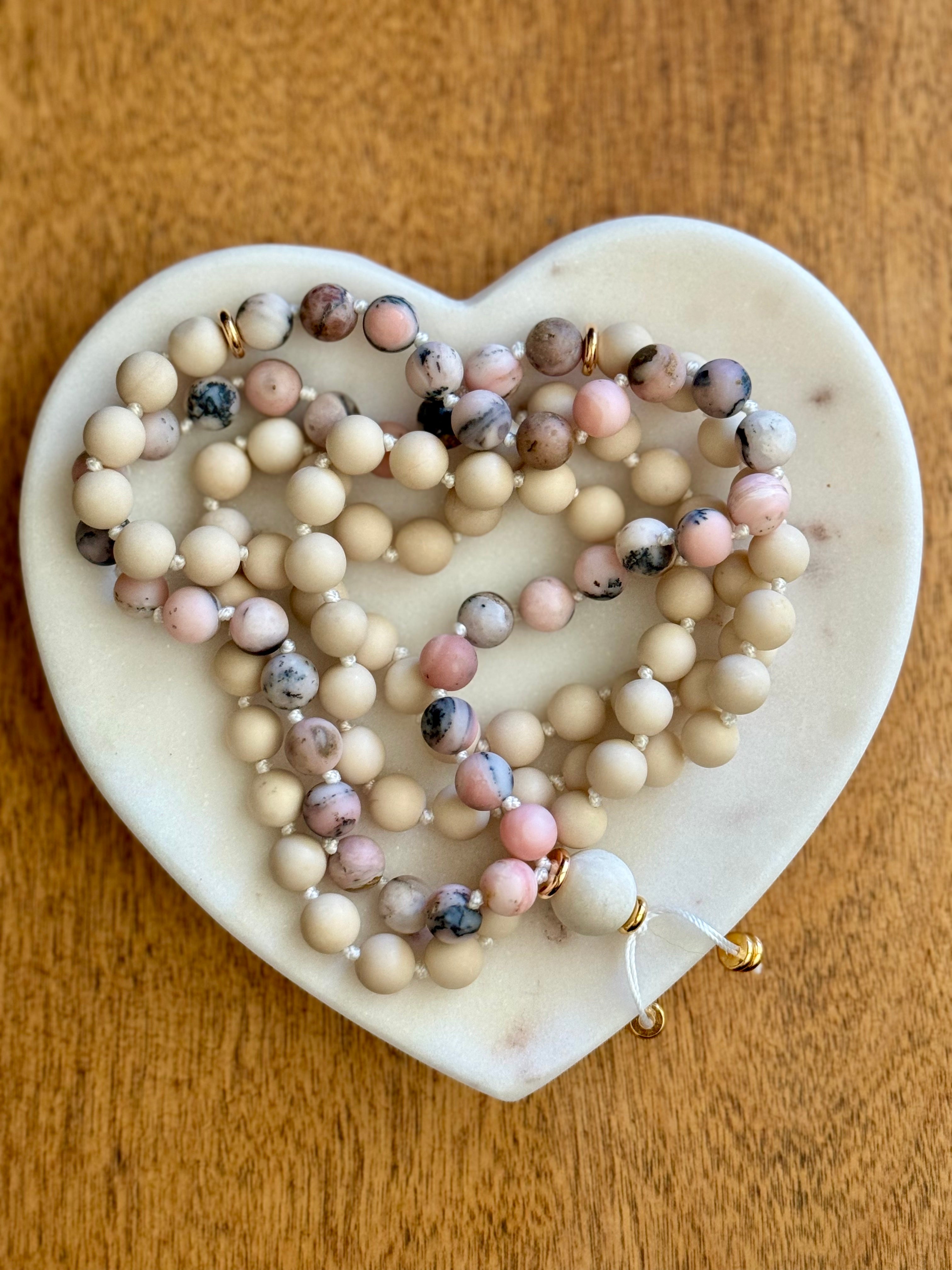 Zebra Pink Opal and Riverstone Gemstone Mala Necklace for harmony