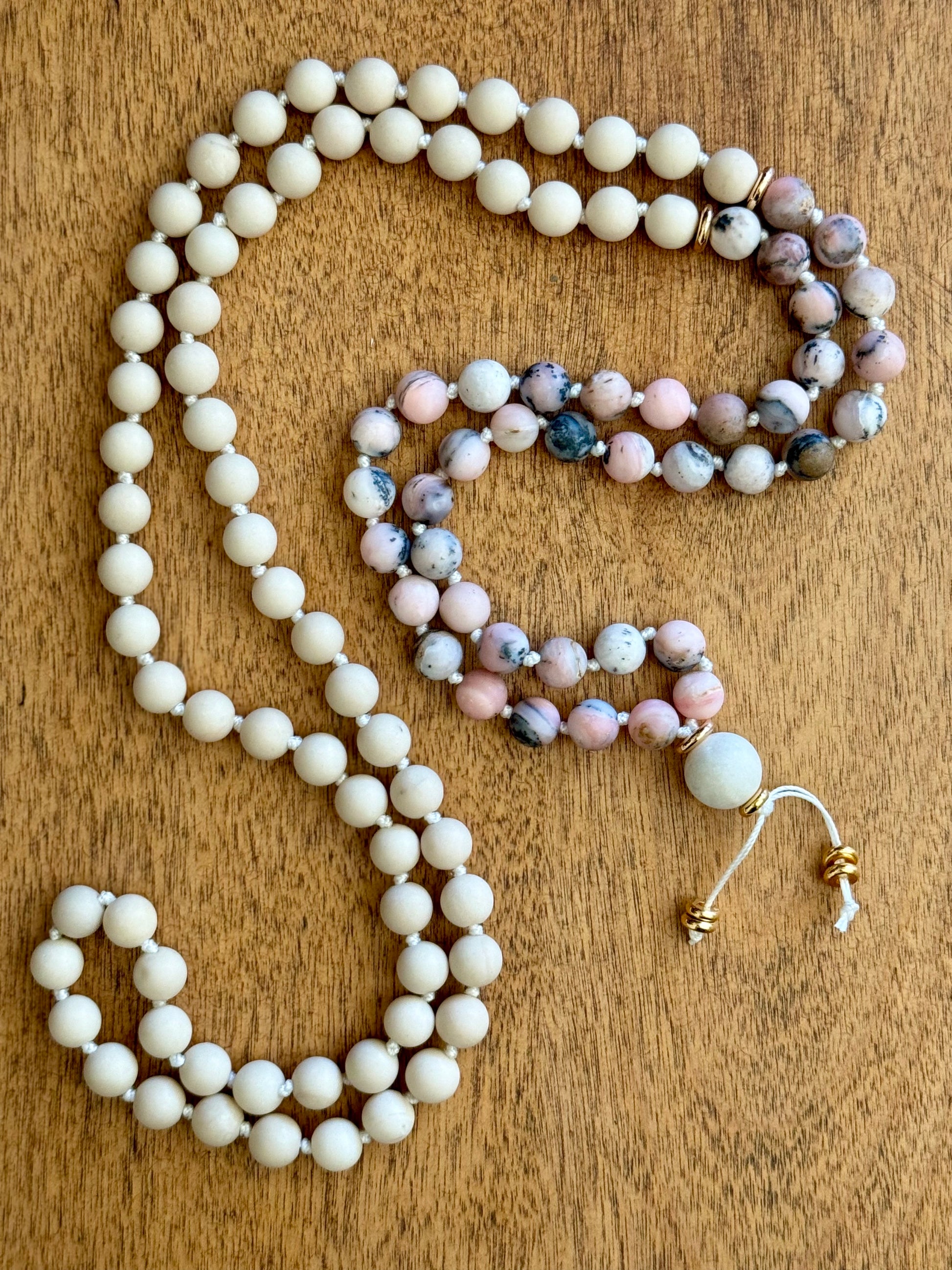 Zebra Pink Opal and Riverstone Gemstone Mala Necklace for hope