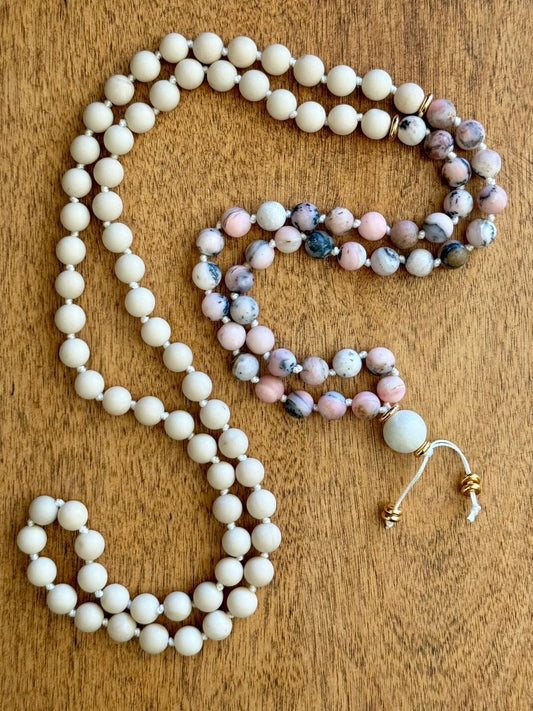 Zebra Pink Opal and Riverstone Gemstone Mala Necklace for hope