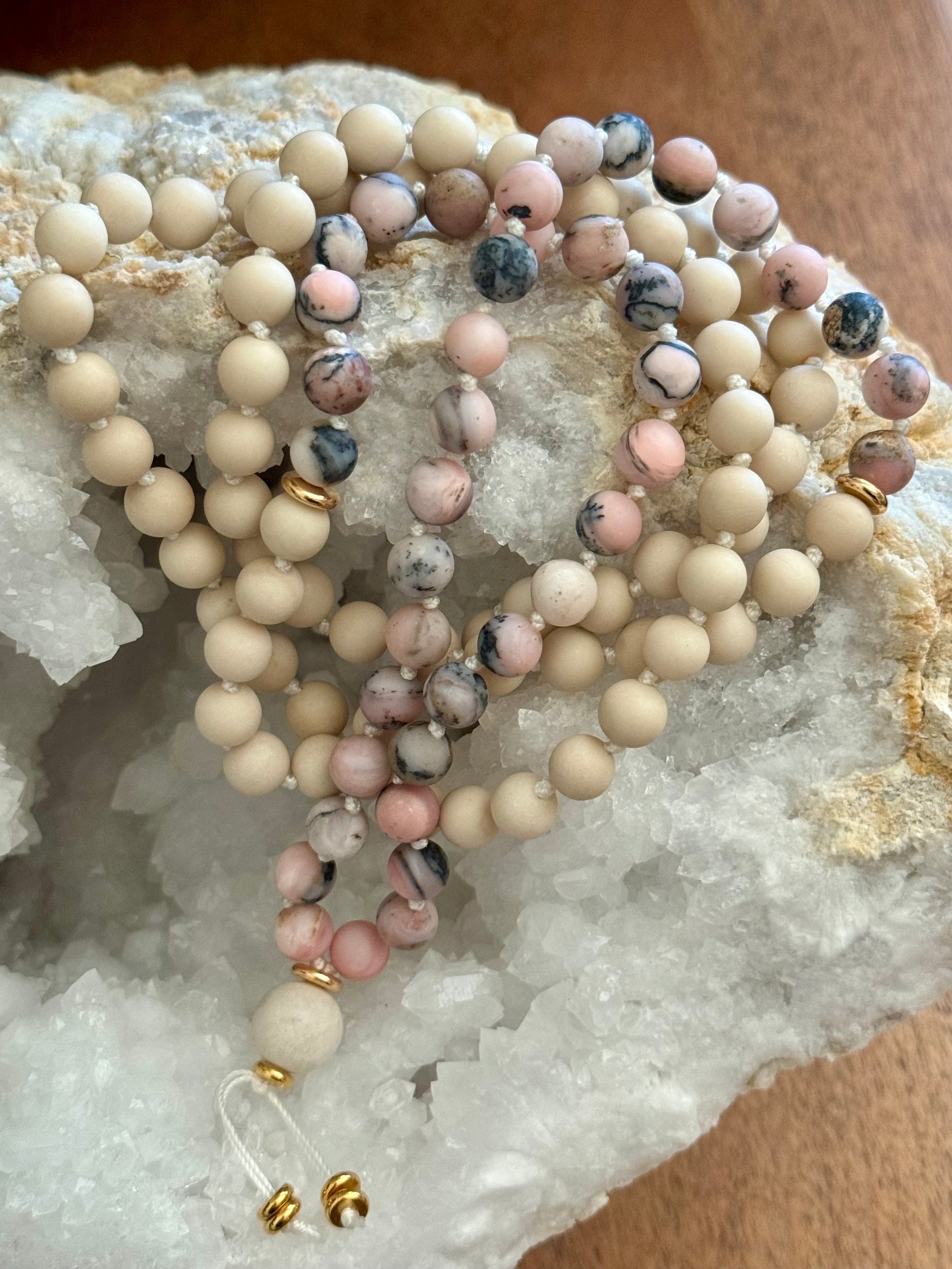 Zebra Pink Opal and Riverstone Gemstone Mala Necklace with Reiki Energy