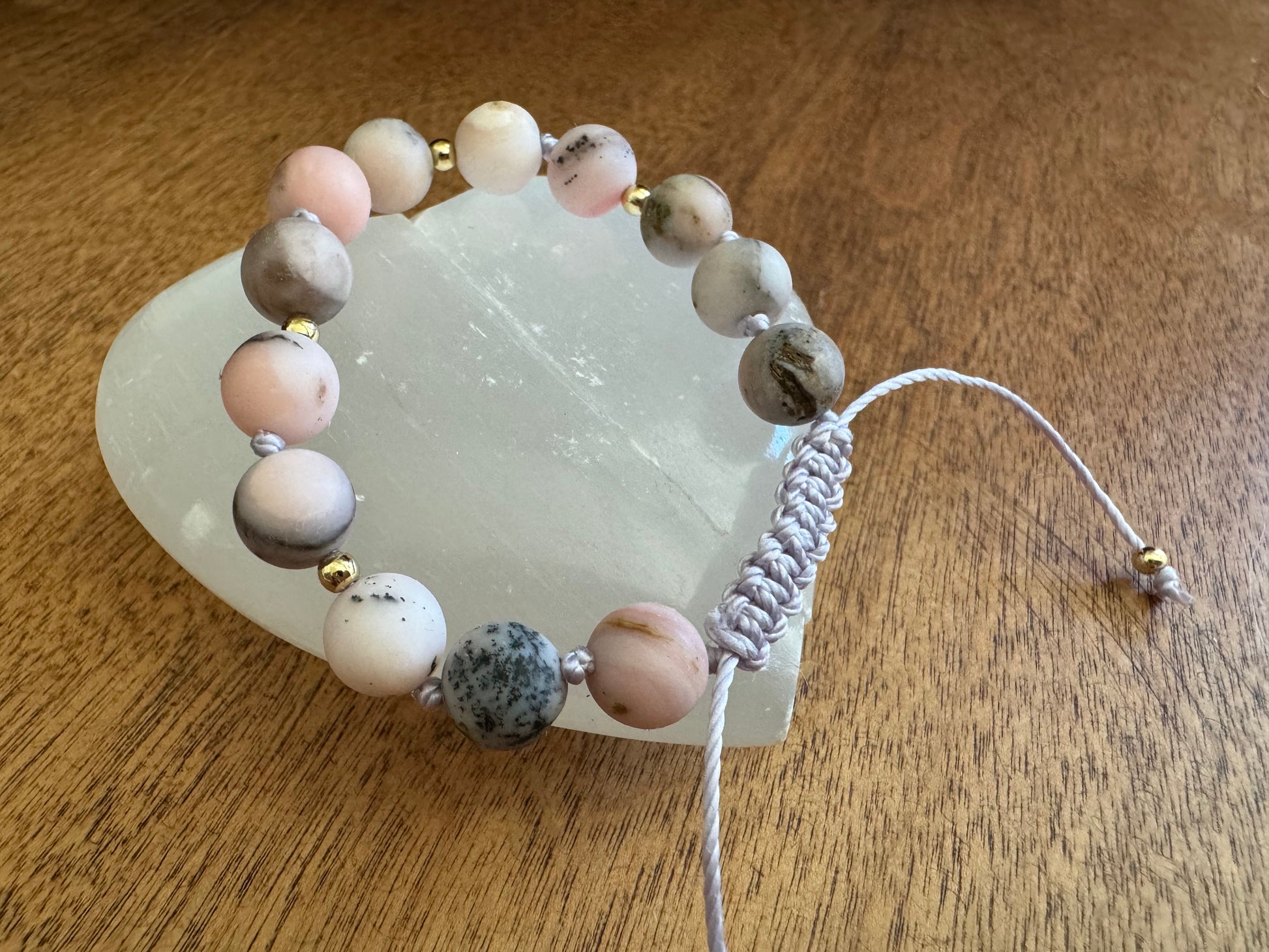 Zebra Pink Opal Gemstone Mala Bracelet with Macrame Closure