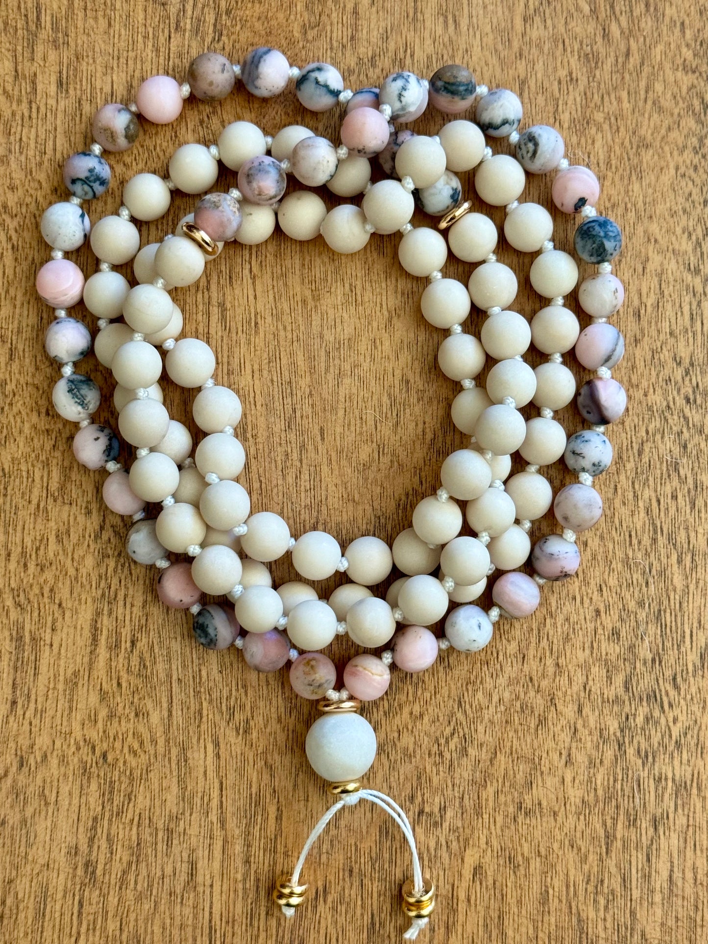 Zebra Pink Opal and Riverstone Gemstone Mala Necklace with 18 kt gold filled