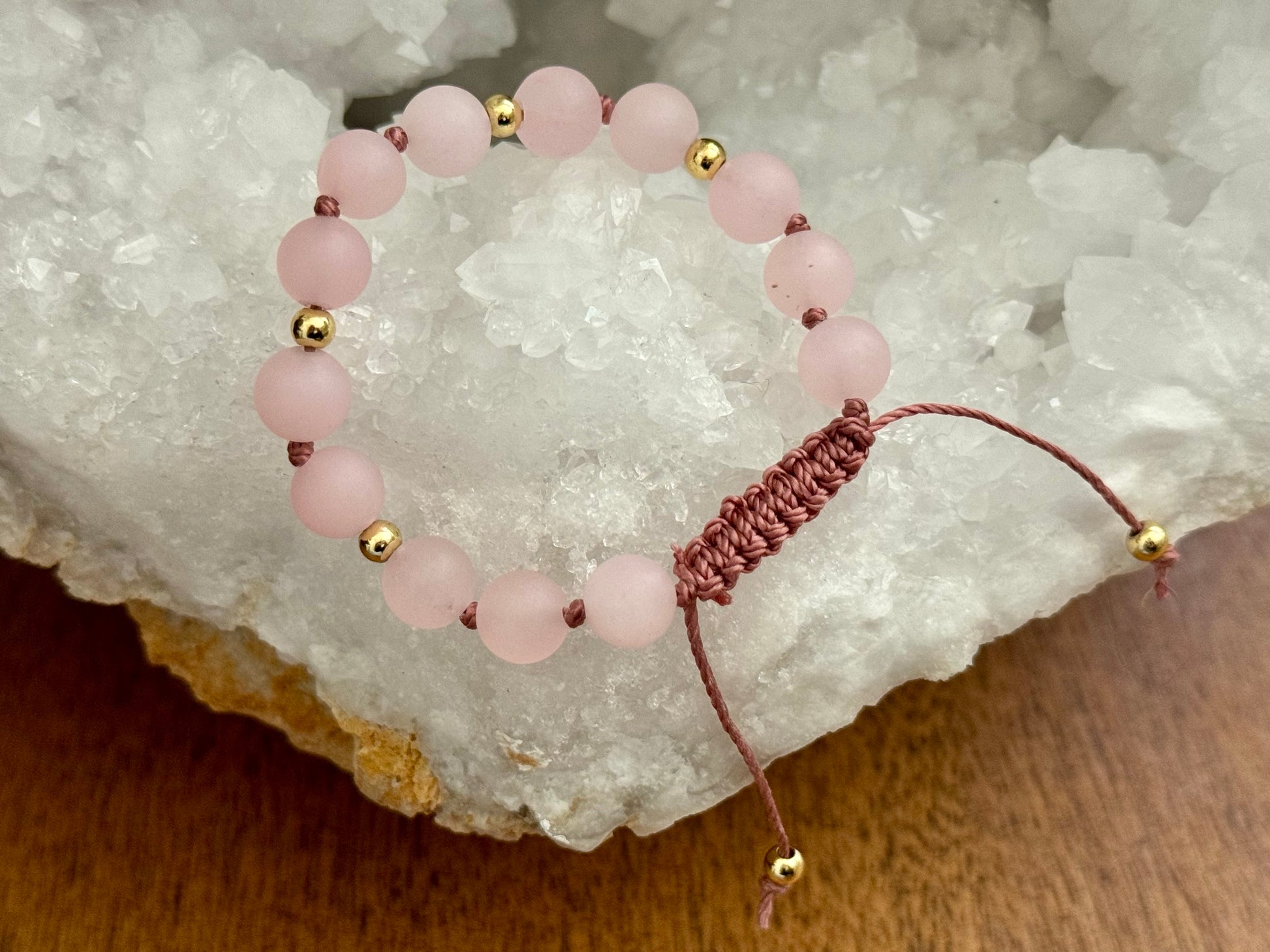 Rose Quartz Gemstone Mala Bracelet with Macrame Closure