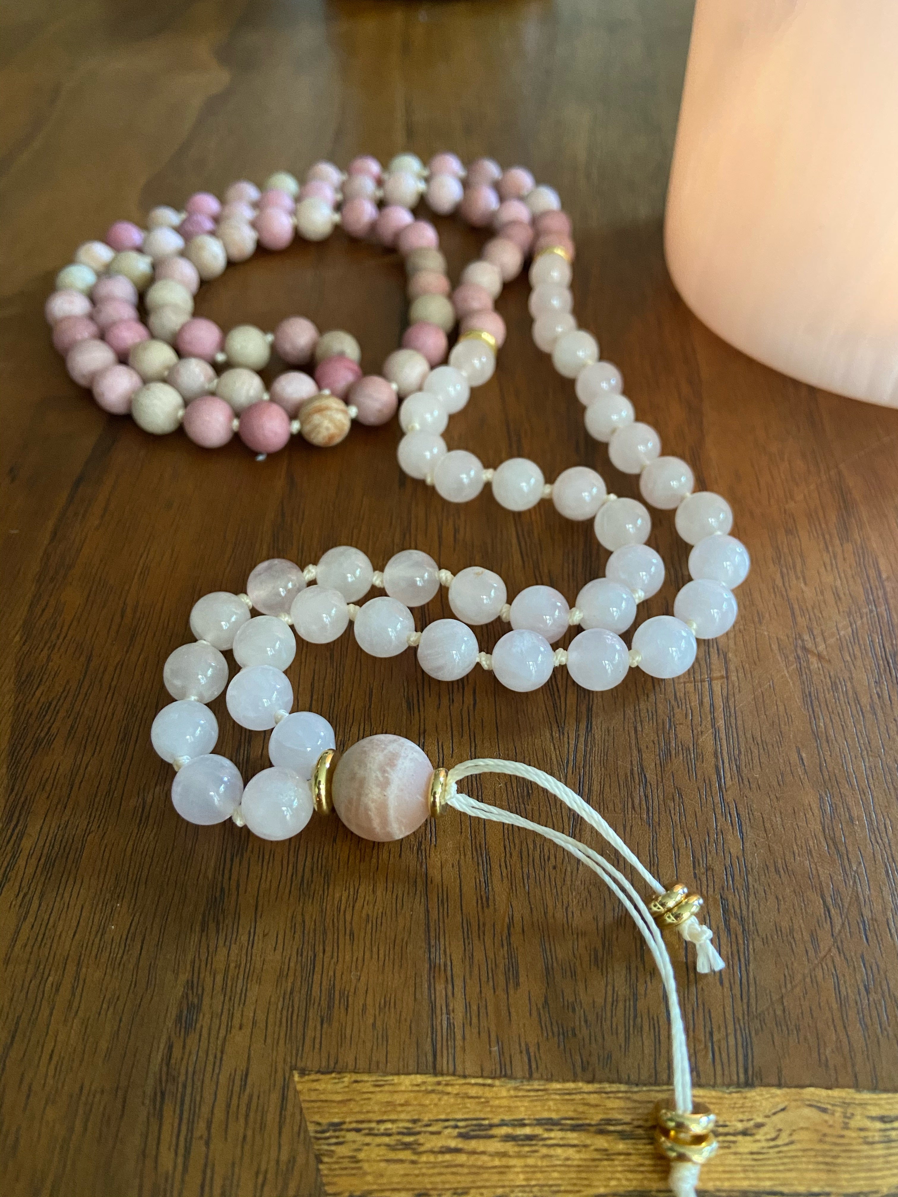 Rose Quartz and Rhodonite Gemstone Mala Necklace for healing