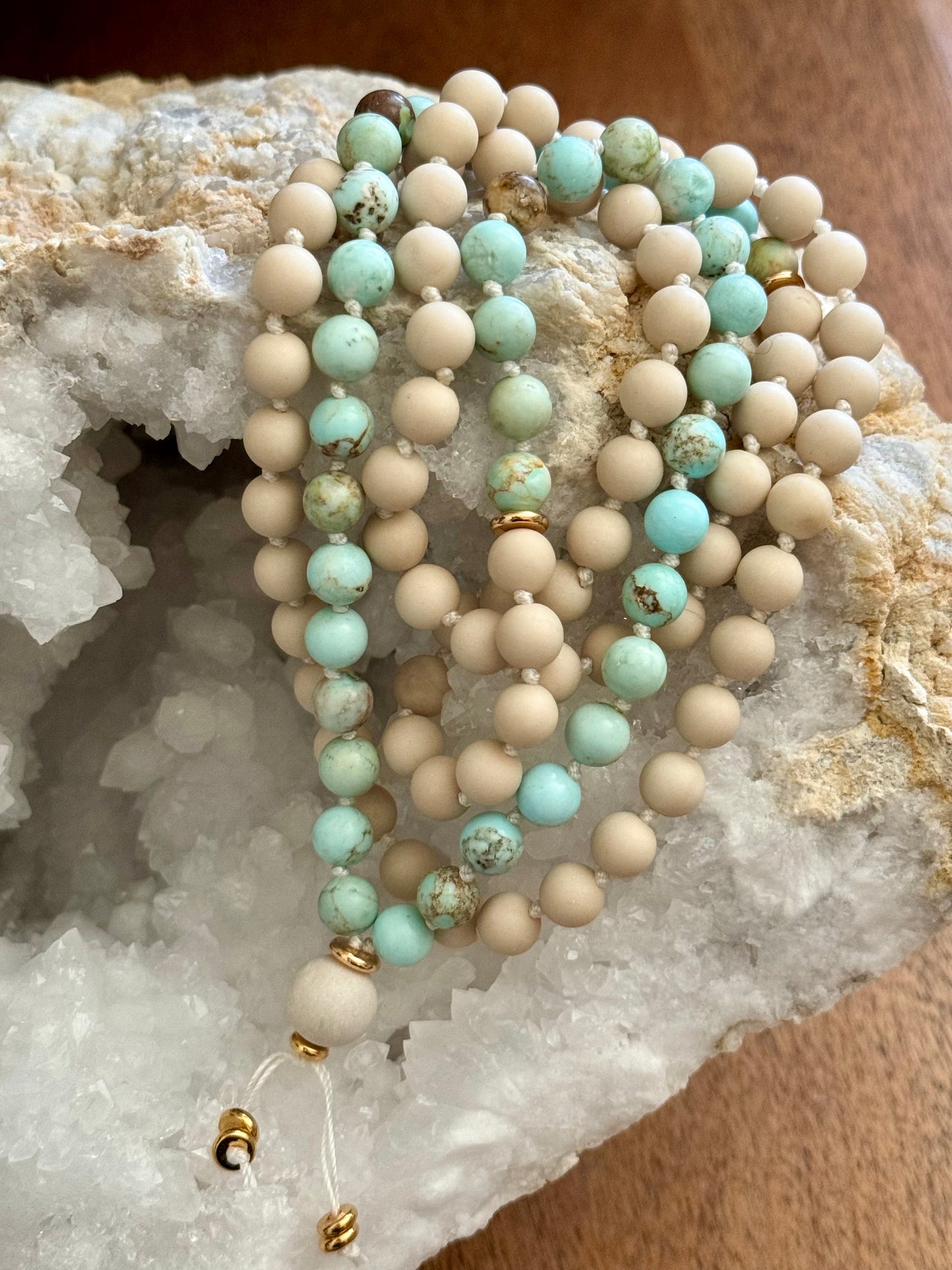 Turquoise and Riverstone Gemstone Mala Necklace with Reiki Energy