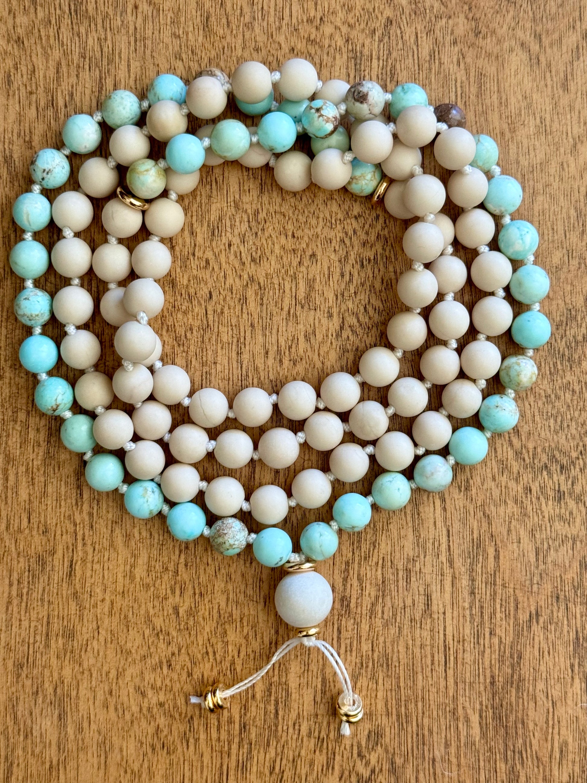 Turquoise and Riverstone Gemstone Mala Necklace for Protection