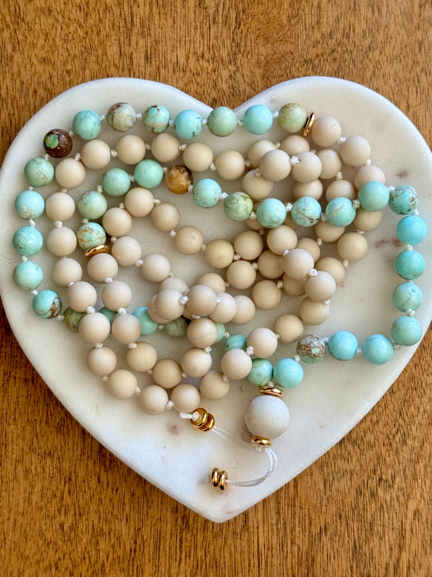 Turquoise and Riverstone Gemstone Mala Necklace for Peace 